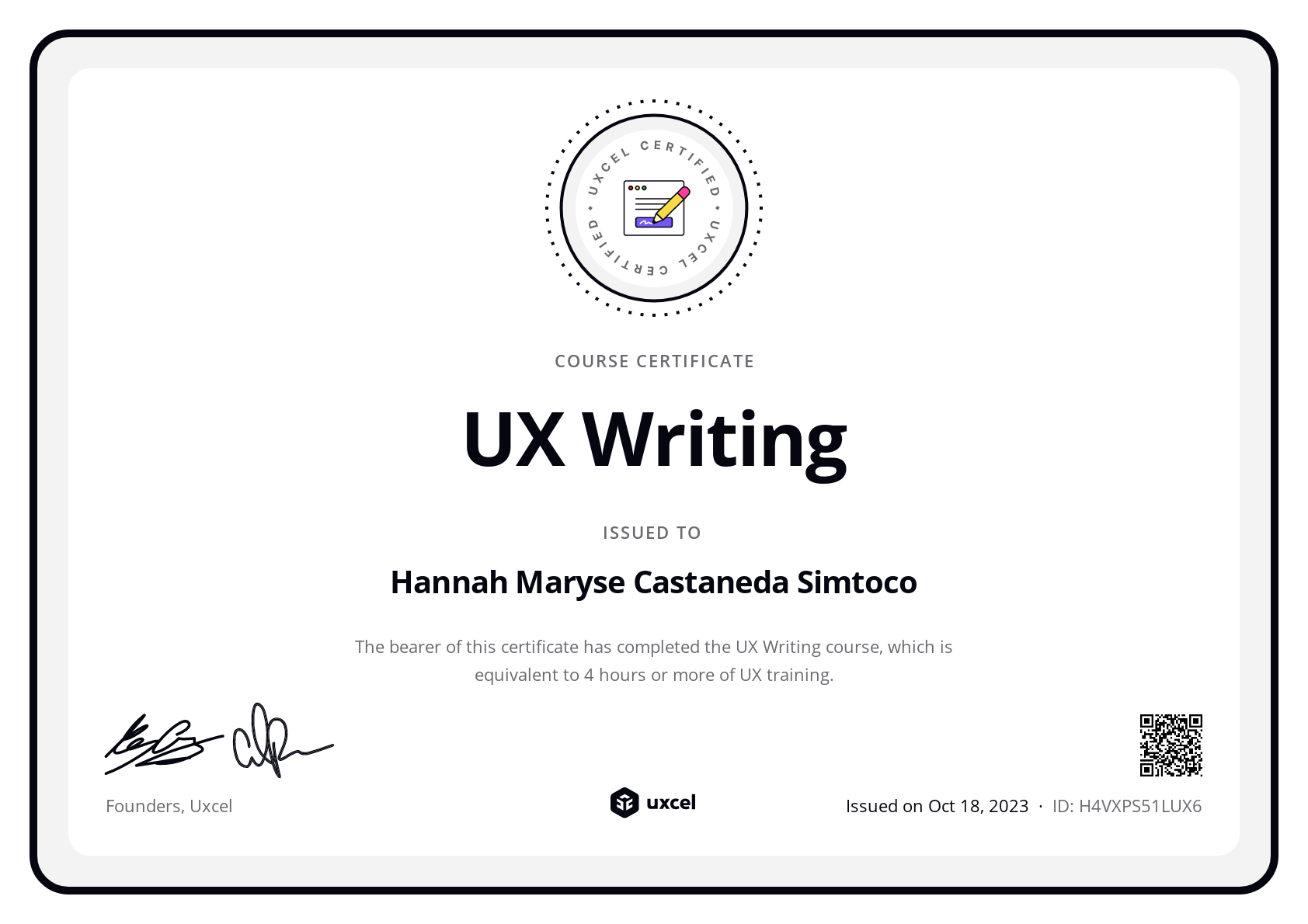 Hannah Maryse Castaneda Simtoco's certificate